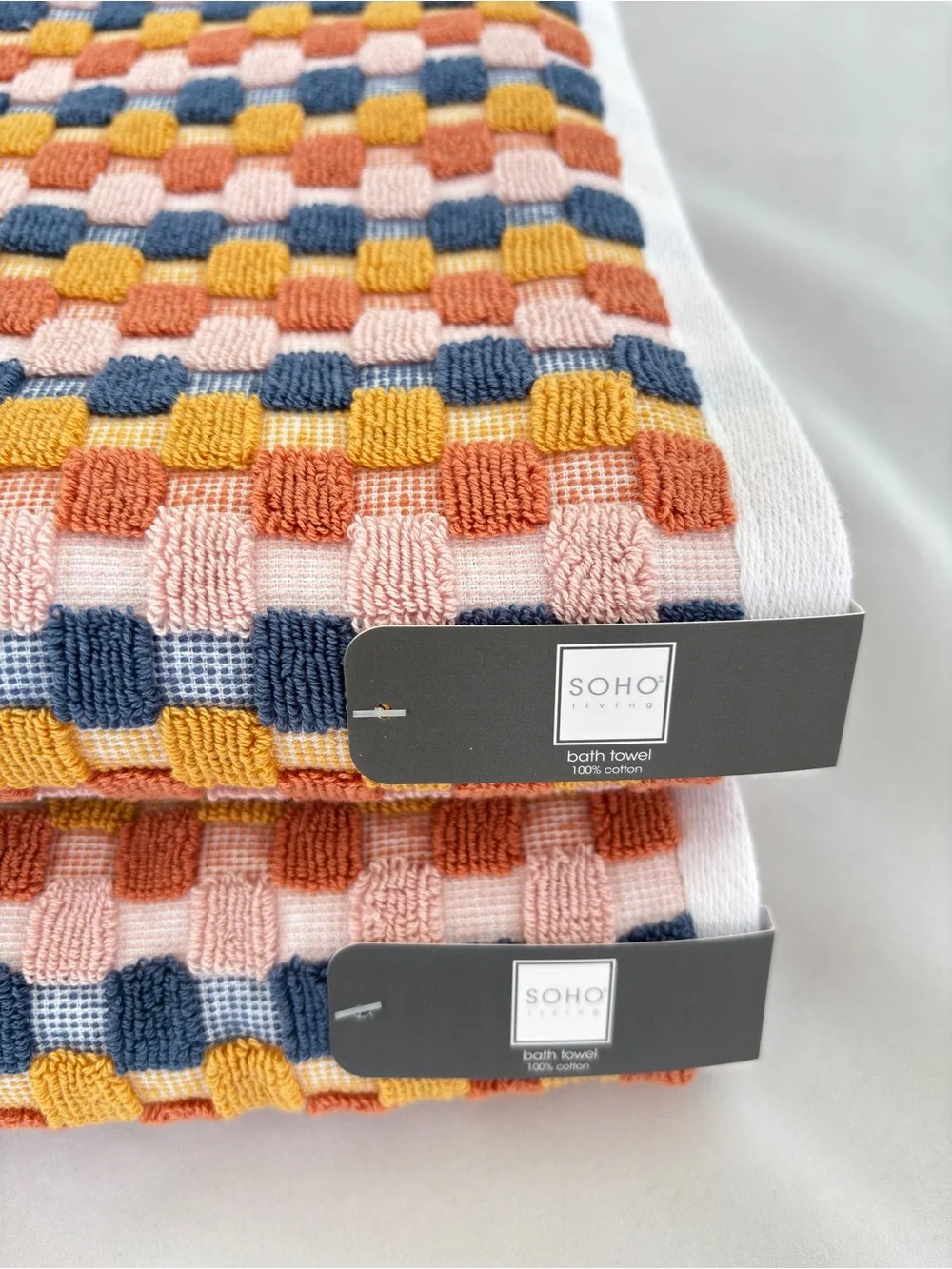 NWT 2 Pc Soho Living Towel Set Retro Checkerboard Fall Bath Towels 100% Cotton
